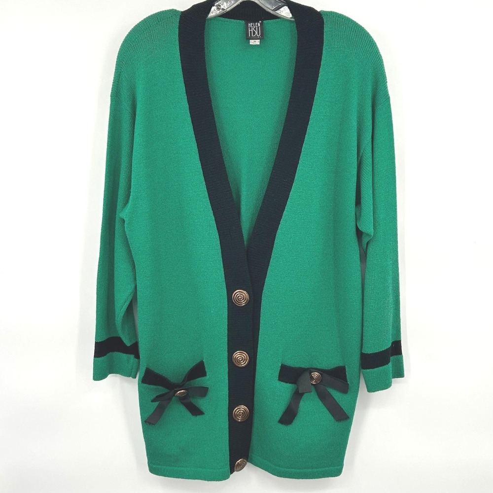 Womens Vintage 80s Longline Cardigan S‎ Green Black Bow Gold Button Helen Hsu